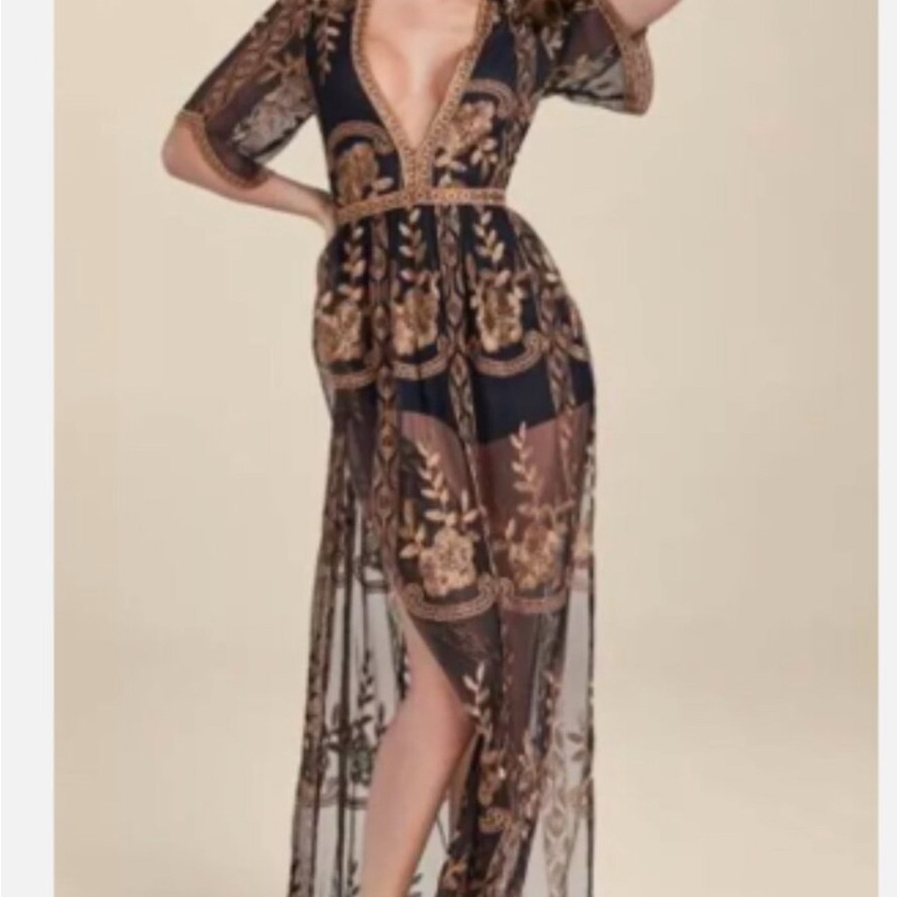 Venus Elegant Black and Gold Embroidered Romper - Dress